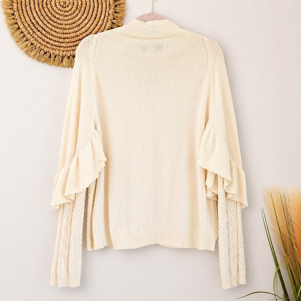 Project Naadam Volta Ivory Ruffle Cable Knit Funnel Neck Sweater SZ Large Boho - Picture 3 of 10
